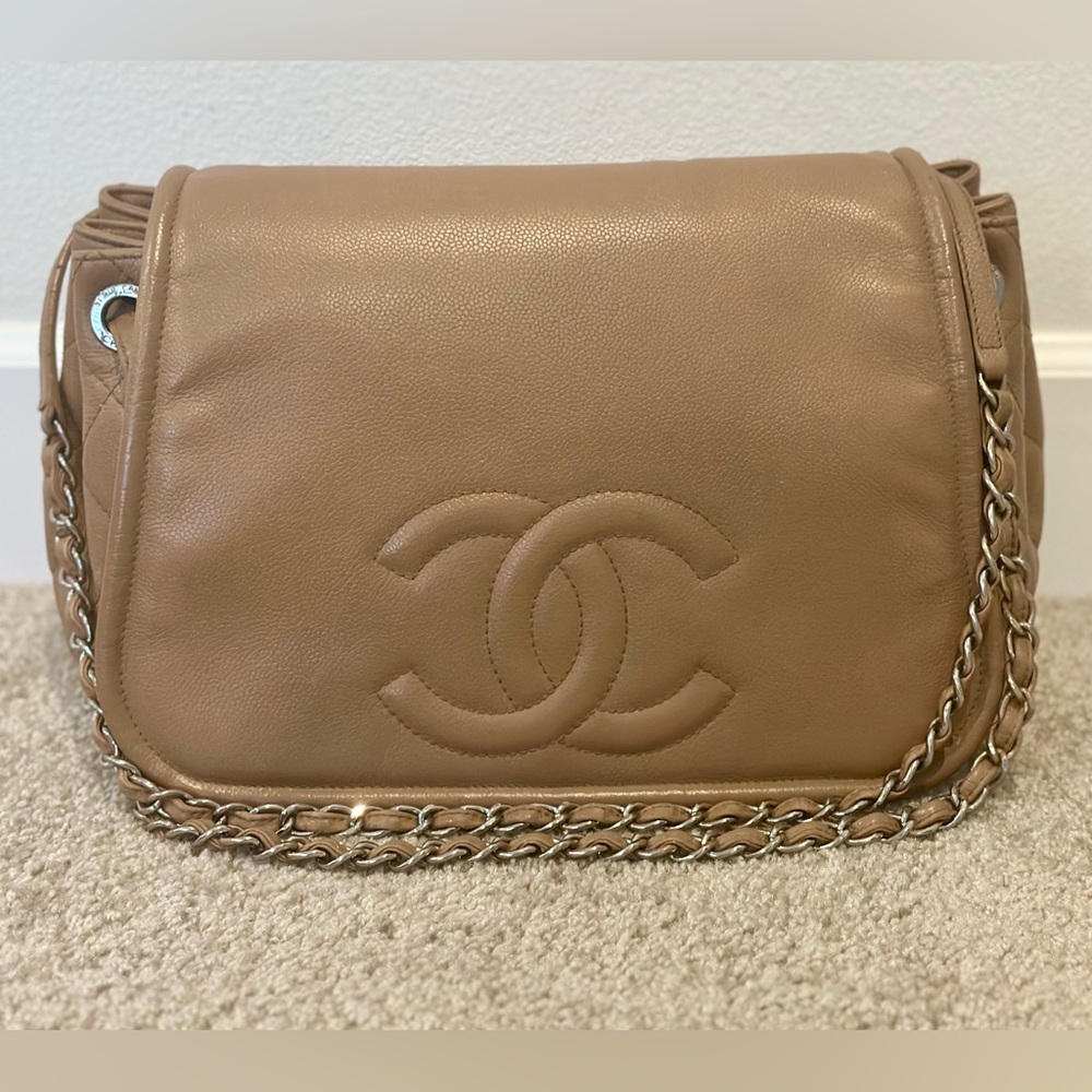 XL Chanel Half Moon Chain Flap Shoulder Bag Caviar Skin beige